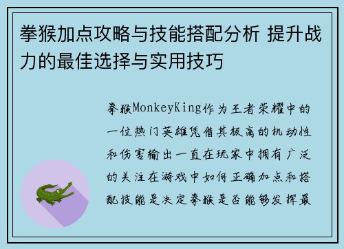 拳猴加点攻略与技能搭配分析 提升战力的最佳选择与实用技巧