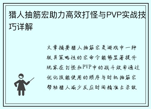 猎人抽筋宏助力高效打怪与PVP实战技巧详解