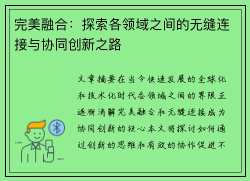 完美融合：探索各领域之间的无缝连接与协同创新之路